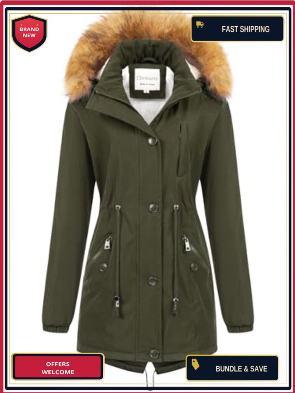 Women's Insulated Mid-Length Military Parka Winter Coat Faux Fur Trim